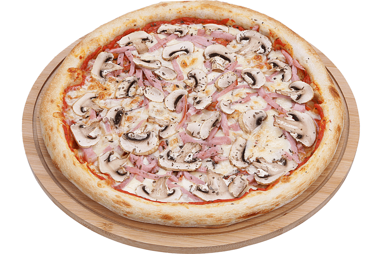 Ветчина, свежие шампиньоны, итальянские специи, фирменный пицца-соус, сыр моцарелла Пицца Ветчина и грибы