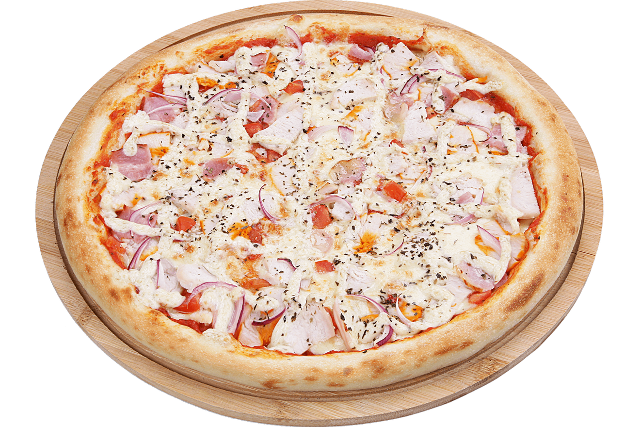 Куриное филе: свежее и копчёное, бекон, томаты, лук, итальянские травы, фирменный пицца-соус, соус тар-тар, сыр моцарелла. Пицца Куриная