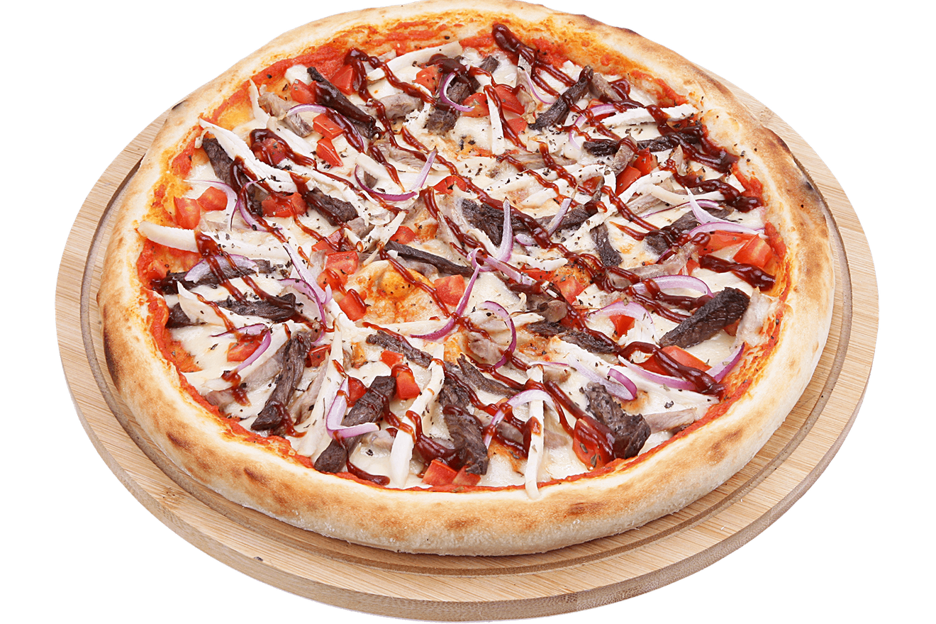 Говядина, свинина, курица, томаты, красный лук, итальянские травы, фирменный пицца-соус, соус барбекю, сыр моцарелла. Пицца Мясная