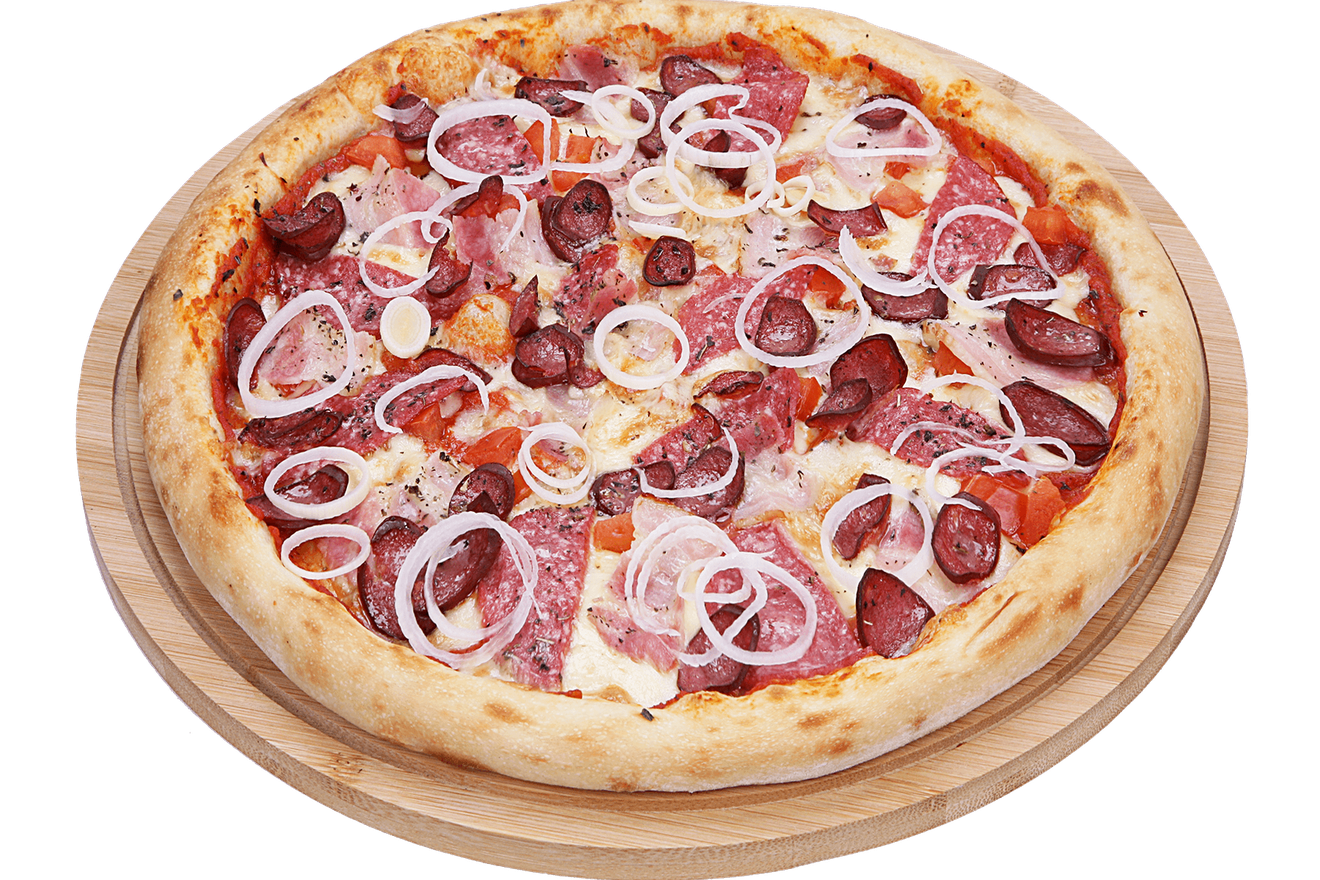 Салями, охотничьи колбаски, бекон, томаты, лук порей, итальянские травы, фирменный пицца-соус, сыр моцарелла. Пицца Мясное ассорти