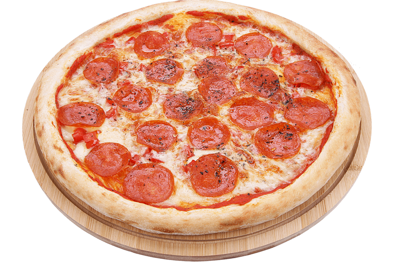 Пепперони, томаты, итальянские травы, фирменный пицца-соус, сыр моцарелла. Пицца Пепперони