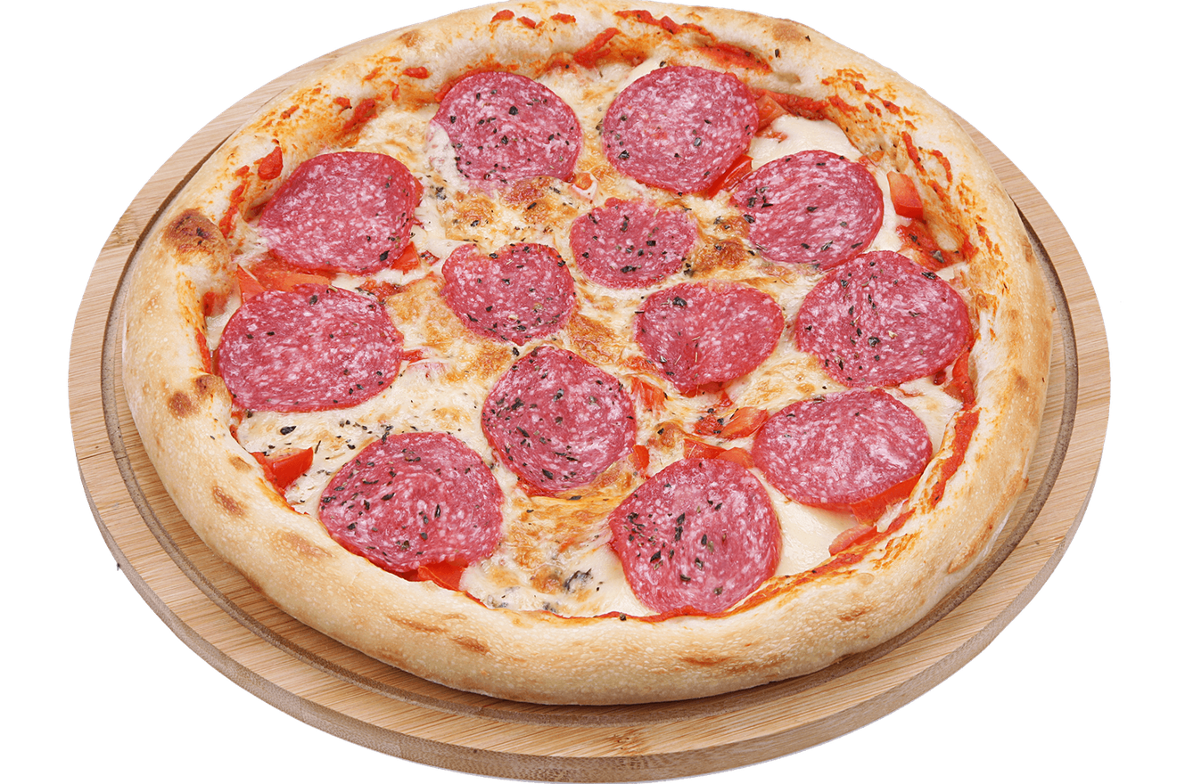 Салями, томаты, итальянские травы, фирменный пицца-соус, сыр моцарелла. Пицца Салями