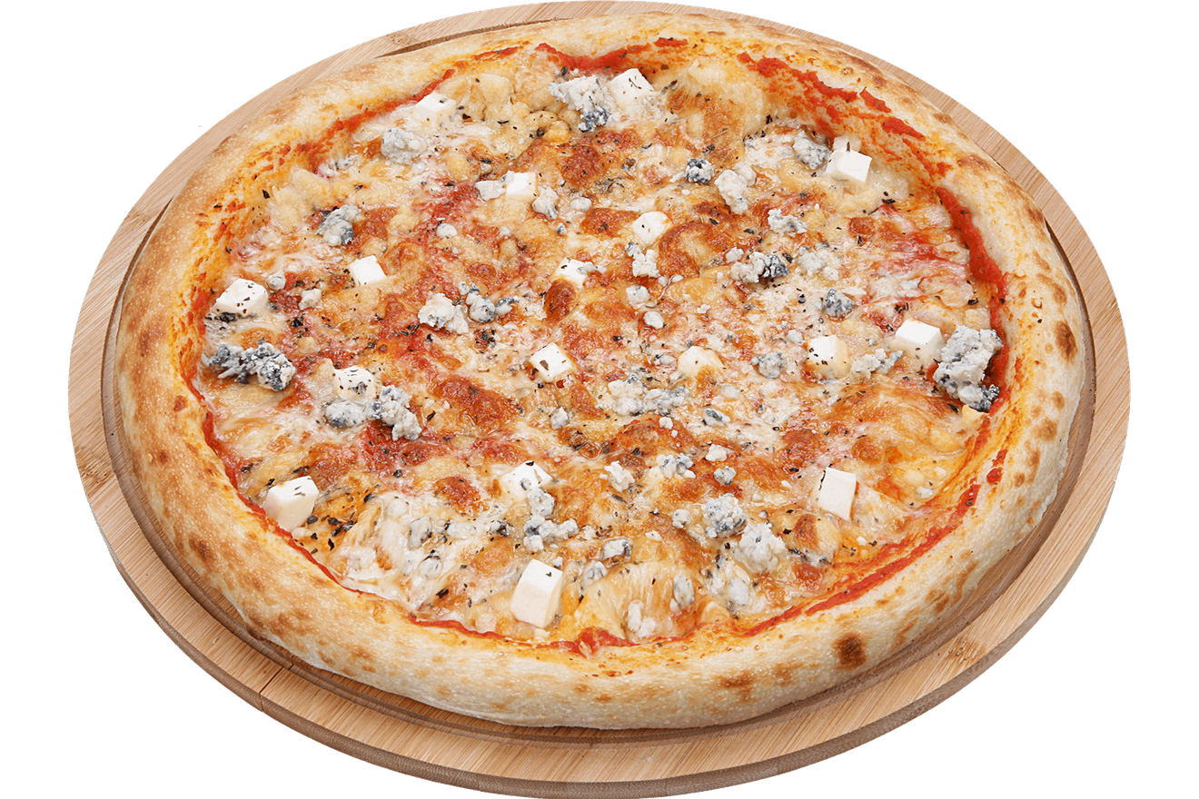 Классическая пицца: моцарелла, пармезан, сыр с благородной голубой плесенью, фета, итальянские травы, фирменный пицца-соус. Пицца Четыре сыра