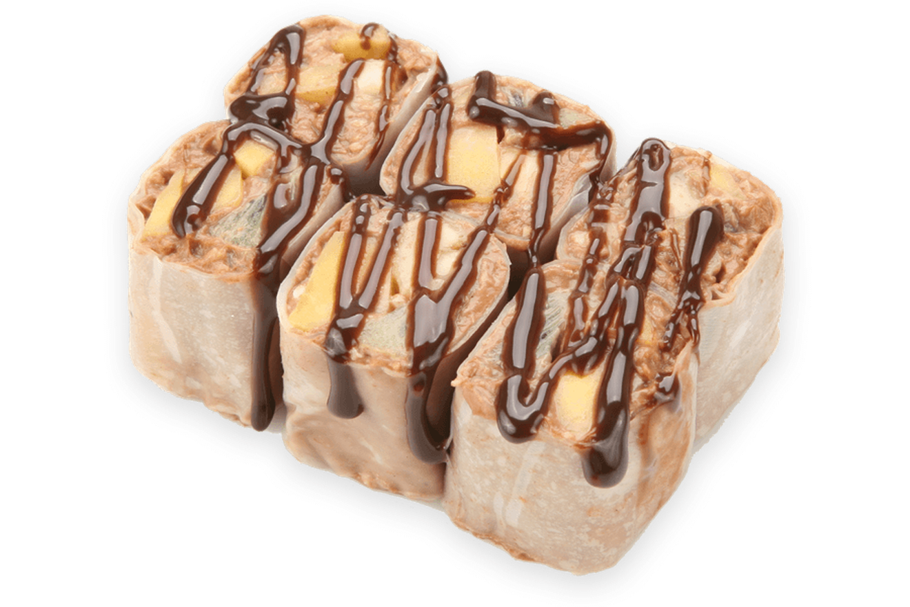 Сладкий ролл с бананом, киви и манго, нежным сливочным сыром с добавлением какао и кокосовой стружки, подаётся с шоколадным соусом. Сладкий ролл Молочный шоколад