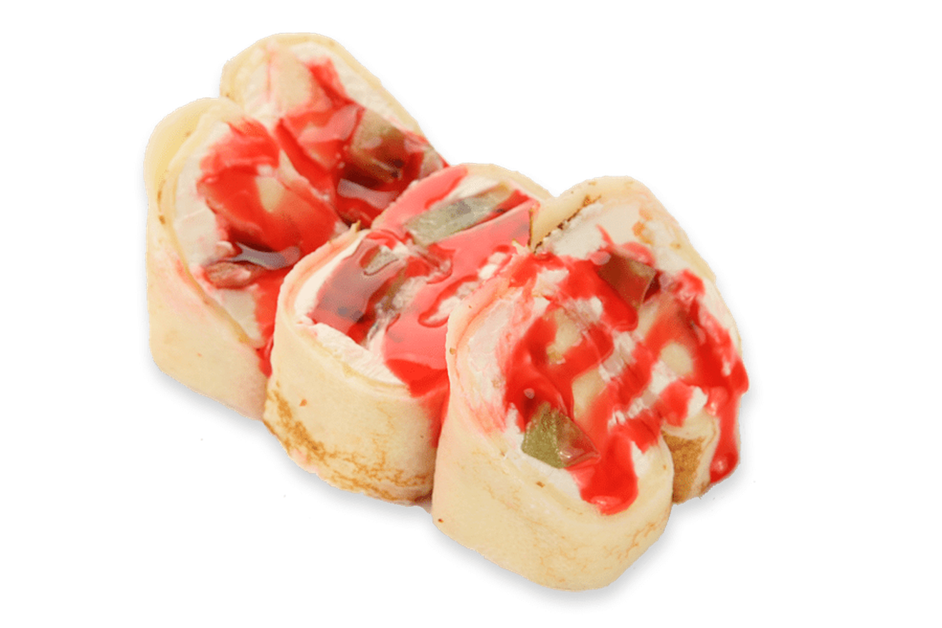 Сладкий ролл Ичифан - мягкий сыр, киви, банан - в яичном блинчике с клубничным сиропом. Сладкий ролл Ичифан