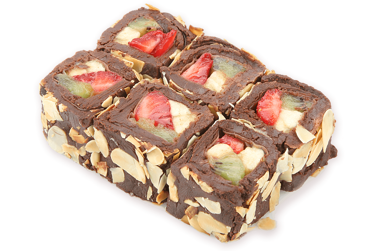 Сладкий ролл Шоколадный - клубника, банан и киви в темном шоколаде и в хрустящих миндальных хлопьях. Подаётся с ванильно-сливочным соусом. Сладкий ролл Шоколадный