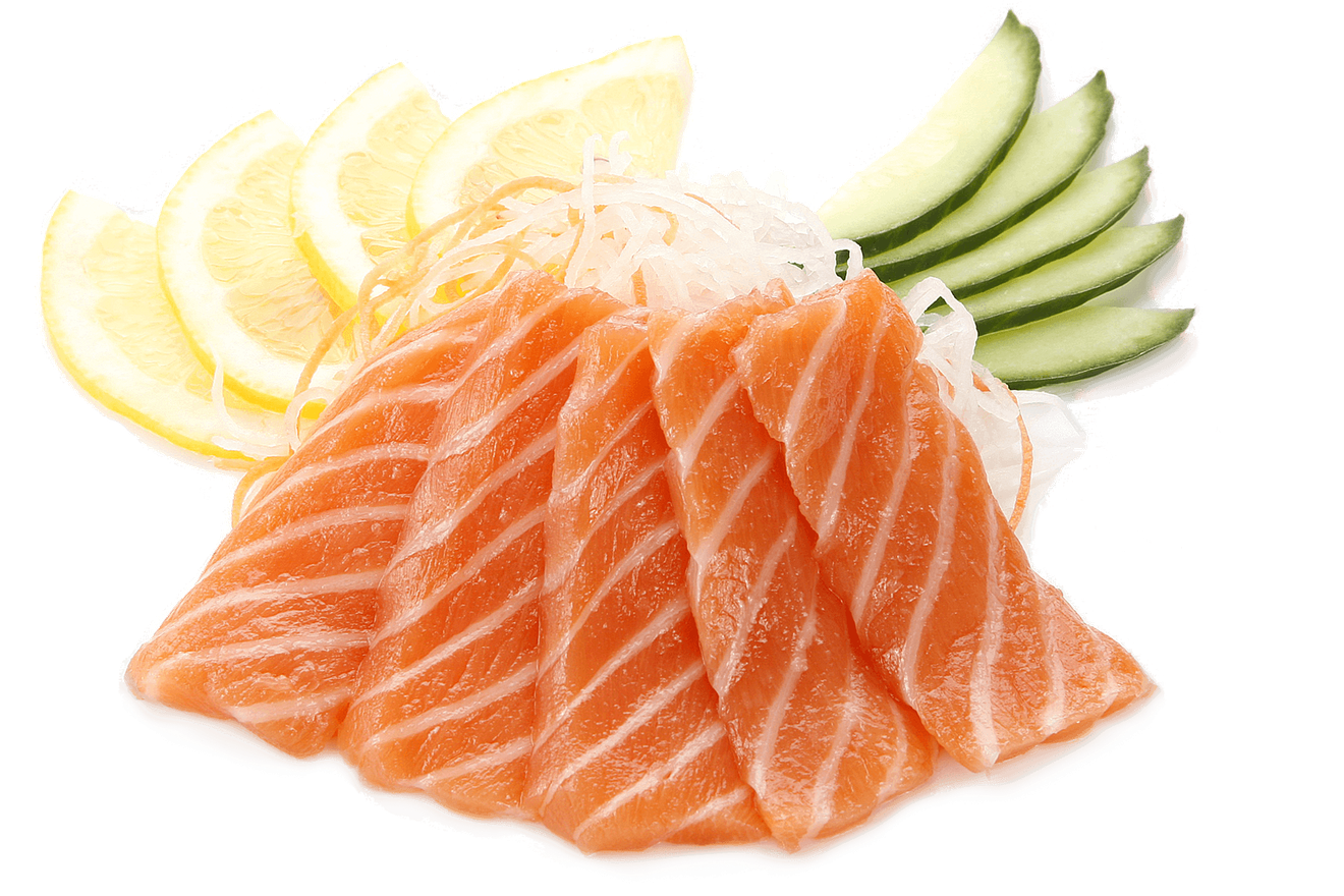 Полоски свежего филе лосося, украшенные стружкой огурца. Сашими сякэ